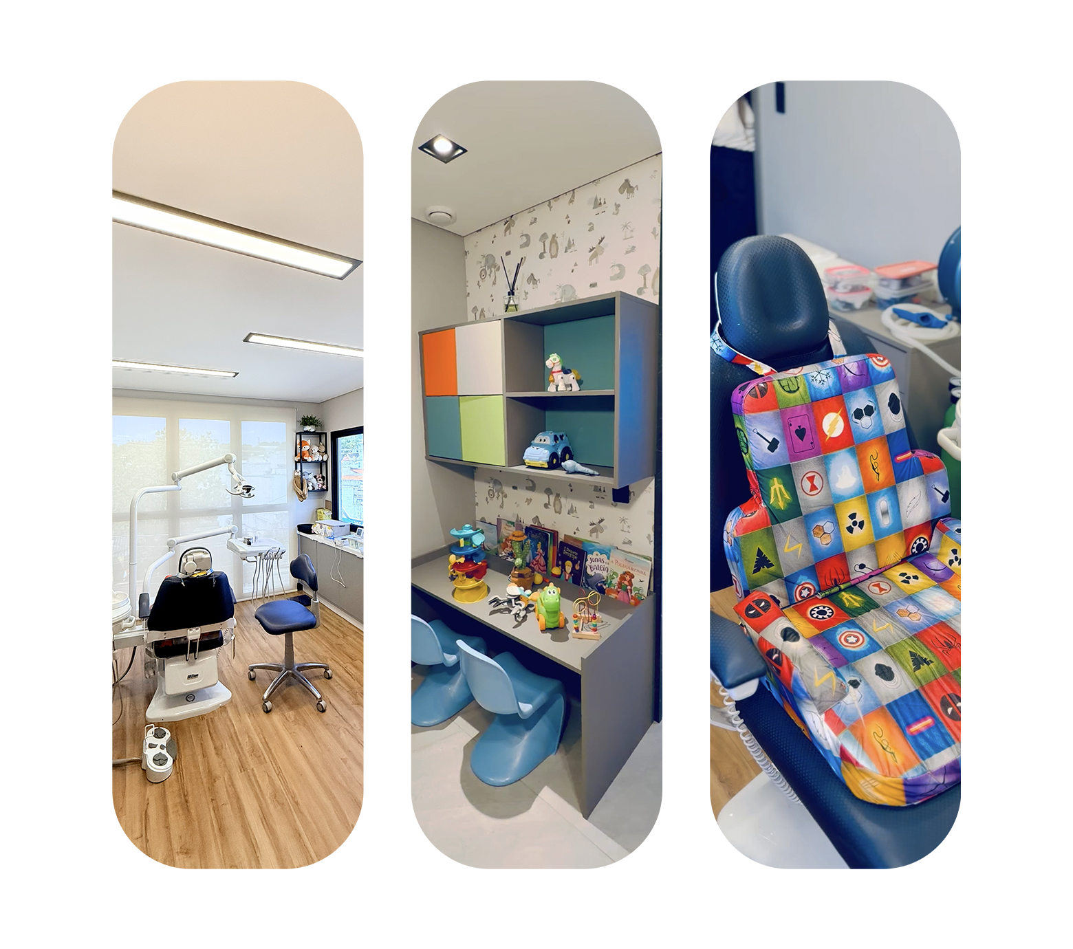 Ambientes da clínica Oraliv Kids: consultório, espaço infantil e cadeira odontopediátrica